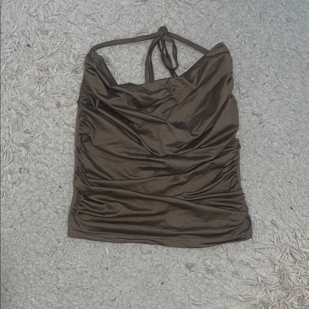 SHEIN Brown Ruched Tie Front Sleeveless Tank Top